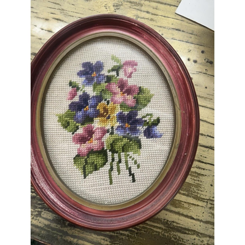 Vintage Needlepoint Flower Picture Oval Framed